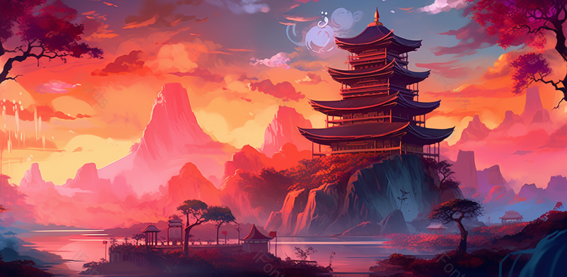 晚霞下中式古风建筑亭阁凉台国潮山水插画,插画/手绘图,插画/手绘图库,插画/手绘图下载,插画/手绘